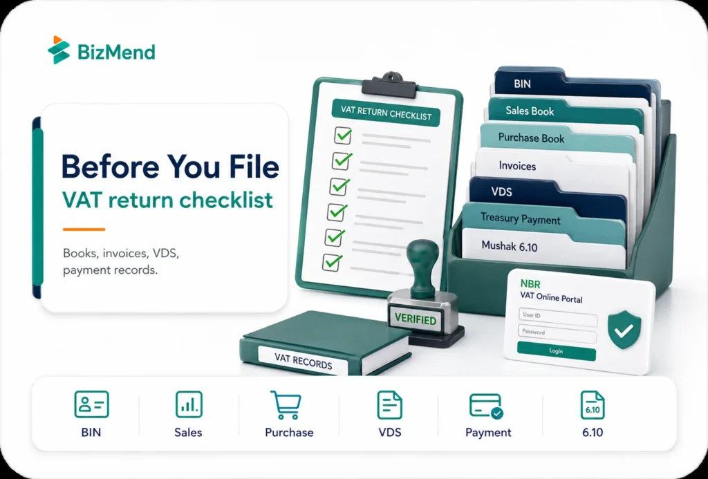 VAT return checklist in Bangladesh with BIN books VDS and payment records