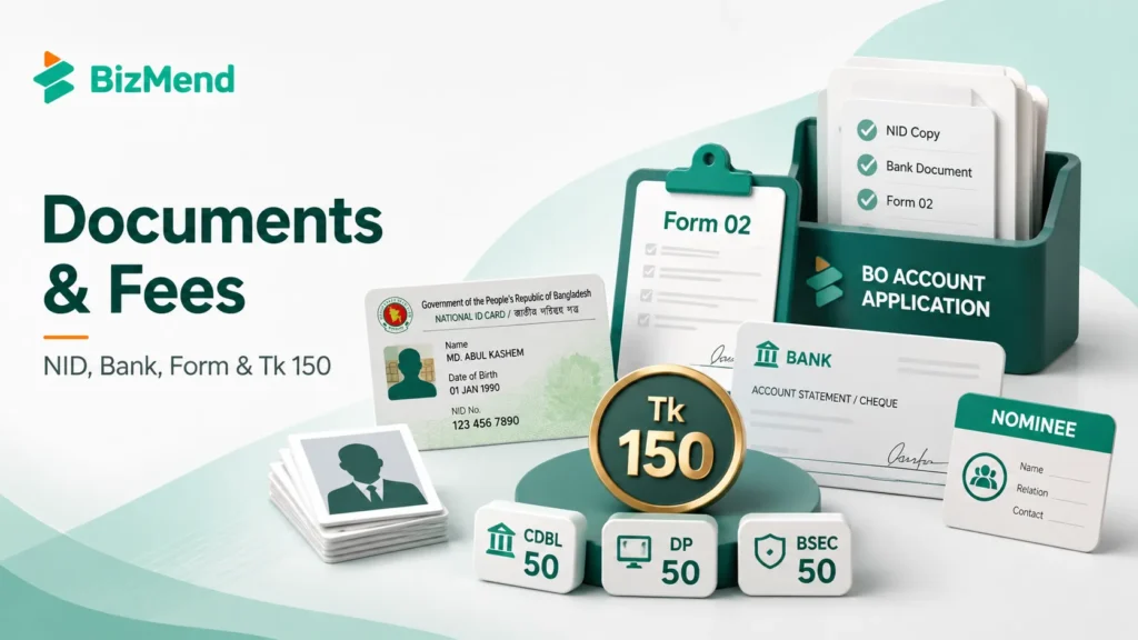 Documents and fees for BO account opening in Bangladesh including NID, Form 02, bank details and Tk 150 fee