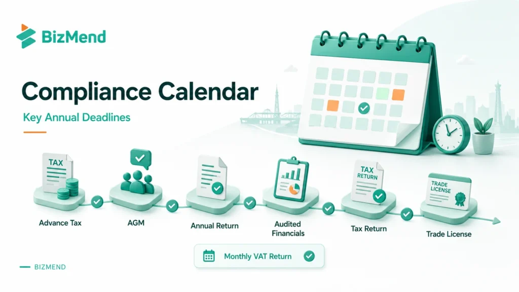 Bangladesh compliance calendar showing advance tax, AGM, annual return, audited financials, tax return, VAT and trade license deadlines