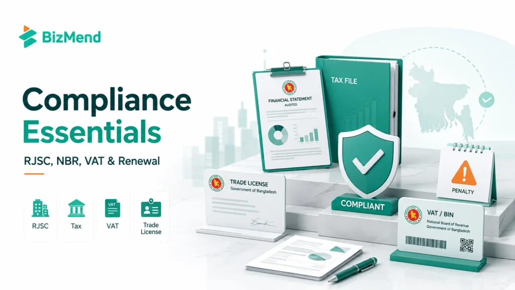 Compliance essentials for Bangladesh companies including RJSC, NBR, VAT, trade license, tax file and penalty reminder