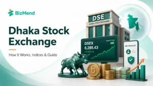 Dhaka Stock Exchange guide with DSE building, DSEX chart, BO account and Bangladesh market visual