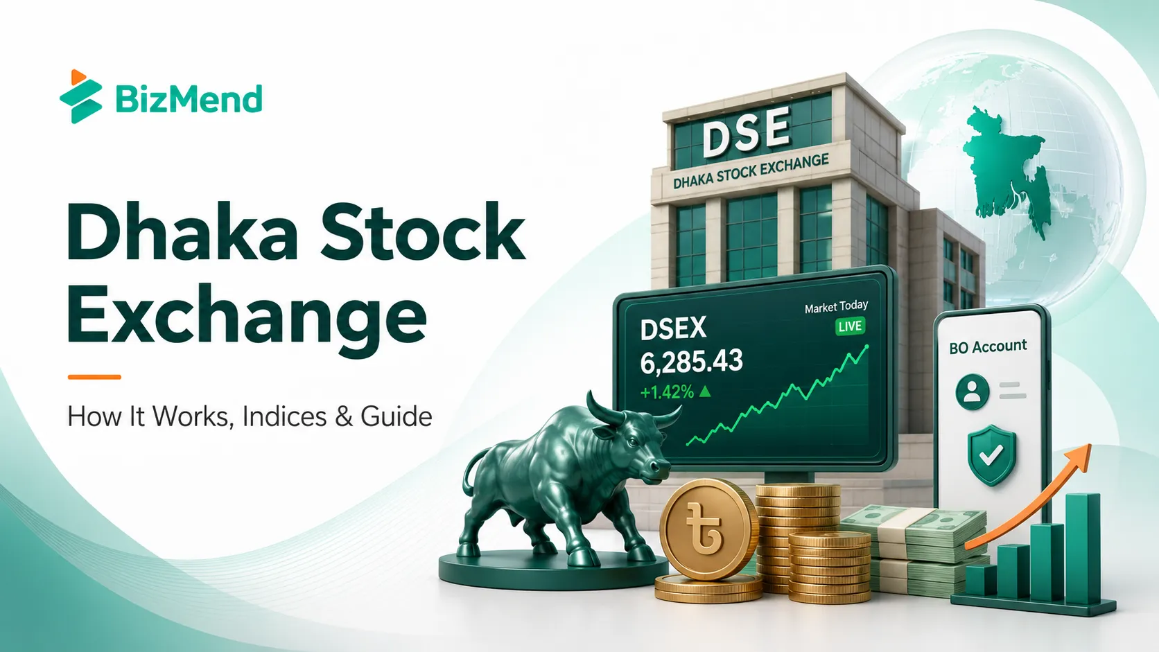Dhaka Stock Exchange guide with DSE building, DSEX chart, BO account and Bangladesh market visual