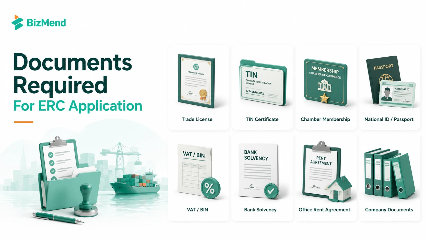Documents required for ERC application in Bangladesh including trade license, TIN, chamber membership, ID, VAT BIN and company papers