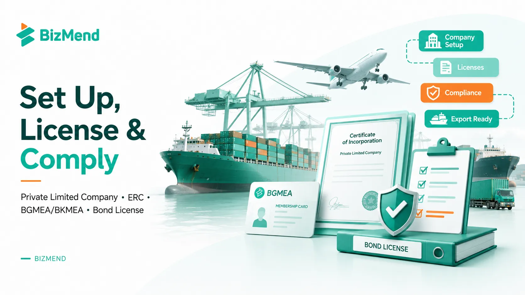 Garments export license and compliance setup in Bangladesh with certificate, BGMEA card, bond license, cargo ship and plane