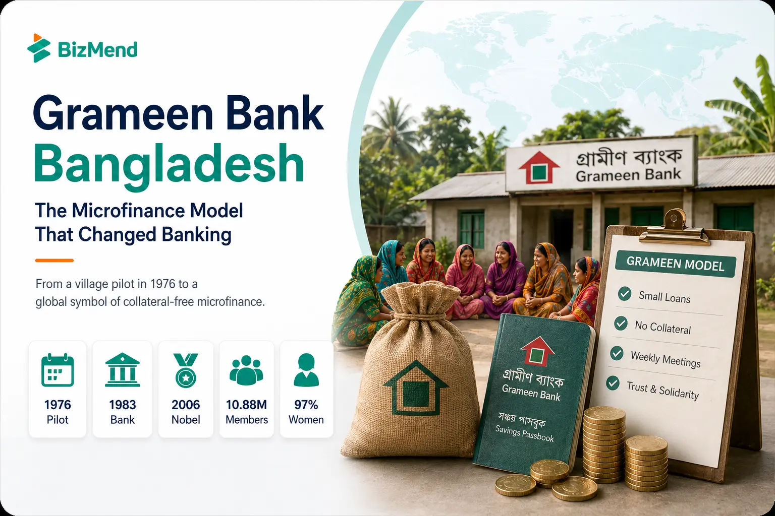 Grameen Bank Bangladesh microfinance model with village lending and women borrowers