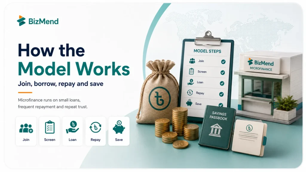 How the microfinance model works in Bangladesh with loans repayment savings and MFI branch