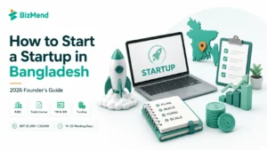 Startup in Bangladesh guide with laptop, rocket, checklist, RJSC, trade license, TIN BIN and funding visuals
