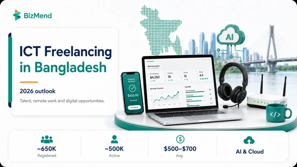 ICT freelancing in Bangladesh 2026 with registered freelancers active workers and AI cloud opportunities