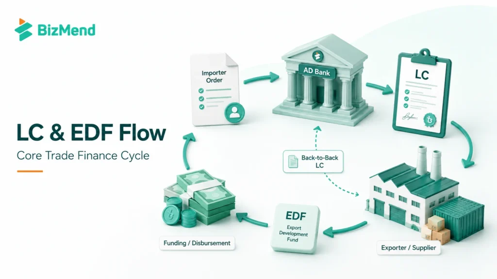 LC and EDF flow in Bangladesh showing AD bank, importer order, back-to-back LC and exporter funding