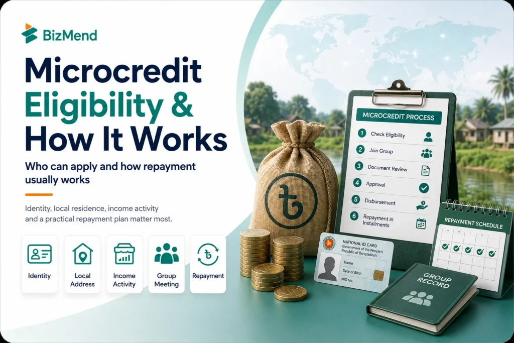 Microcredit eligibility in Bangladesh with group lending documents and repayment steps