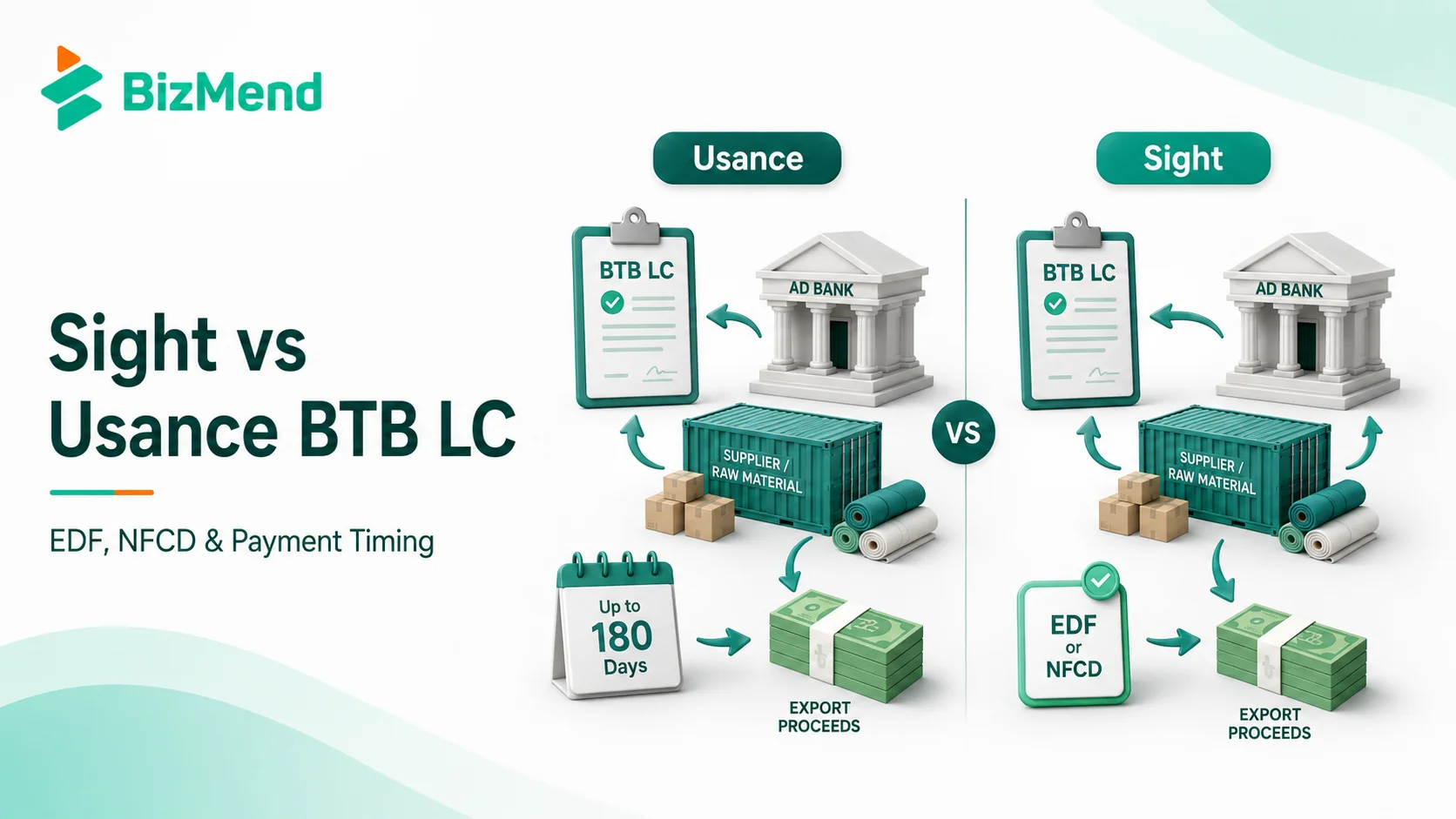 Sight vs usance BTB LC in Bangladesh with EDF, NFCD, supplier payment timing and export proceeds