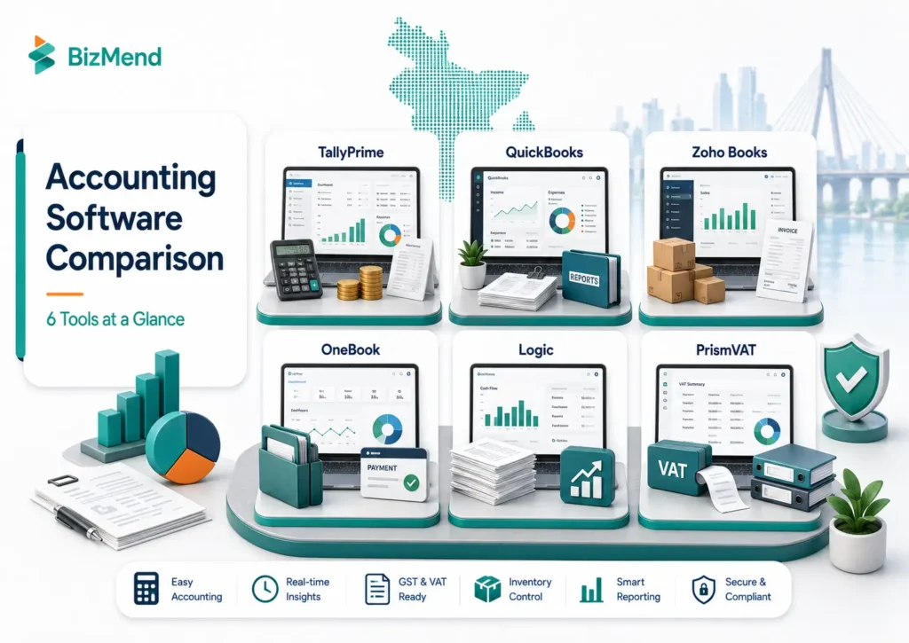Accounting software comparison for Bangladesh SMEs showing TallyPrime, QuickBooks, Zoho Books, OneBook, Logic and PrismVAT
