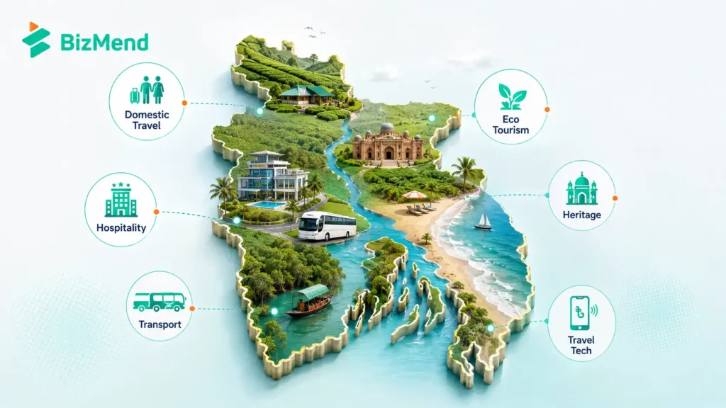 Tourism business potential in Bangladesh with hotel, tour package, airport transfer, booking tech, seasonality, safety, compliance, and environmental risks.