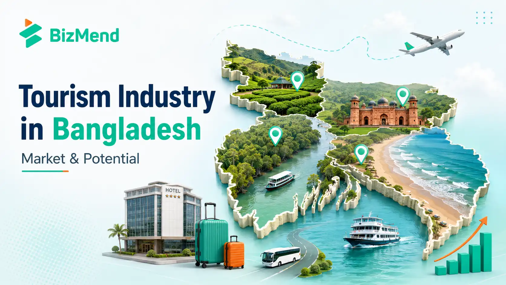 Tourism industry in Bangladesh showing major destinations, hotels, transport, river tourism, and market growth potential.