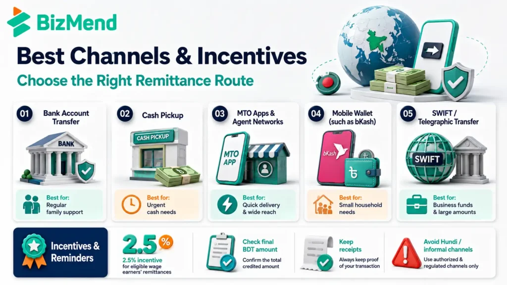 Best remittance channels in Bangladesh including bank transfer cash pickup mobile wallet and incentive details