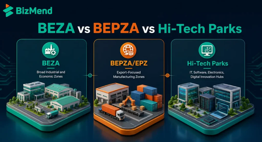 Comparison of BEZA, BEPZA EPZ, and Hi-Tech Parks in Bangladesh for industrial, export, and technology investors.