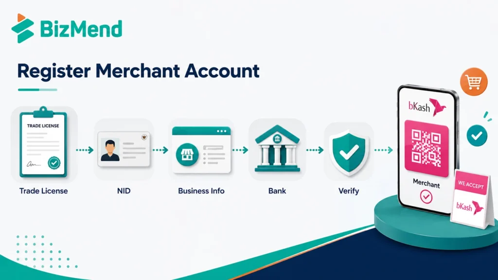 bKash merchant account registration process in Bangladesh with business details trade license and bank account setup