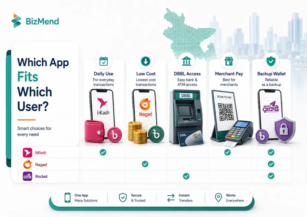 bKash, Nagad and Rocket fees, limits, cash out, agents and ATM comparison in Bangladesh