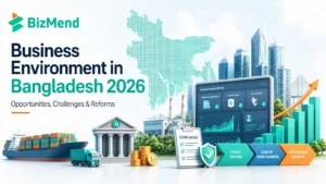 Business environment in Bangladesh 2026 showing opportunities, challenges, reforms, digital services, banking, exports, and growth outlook.