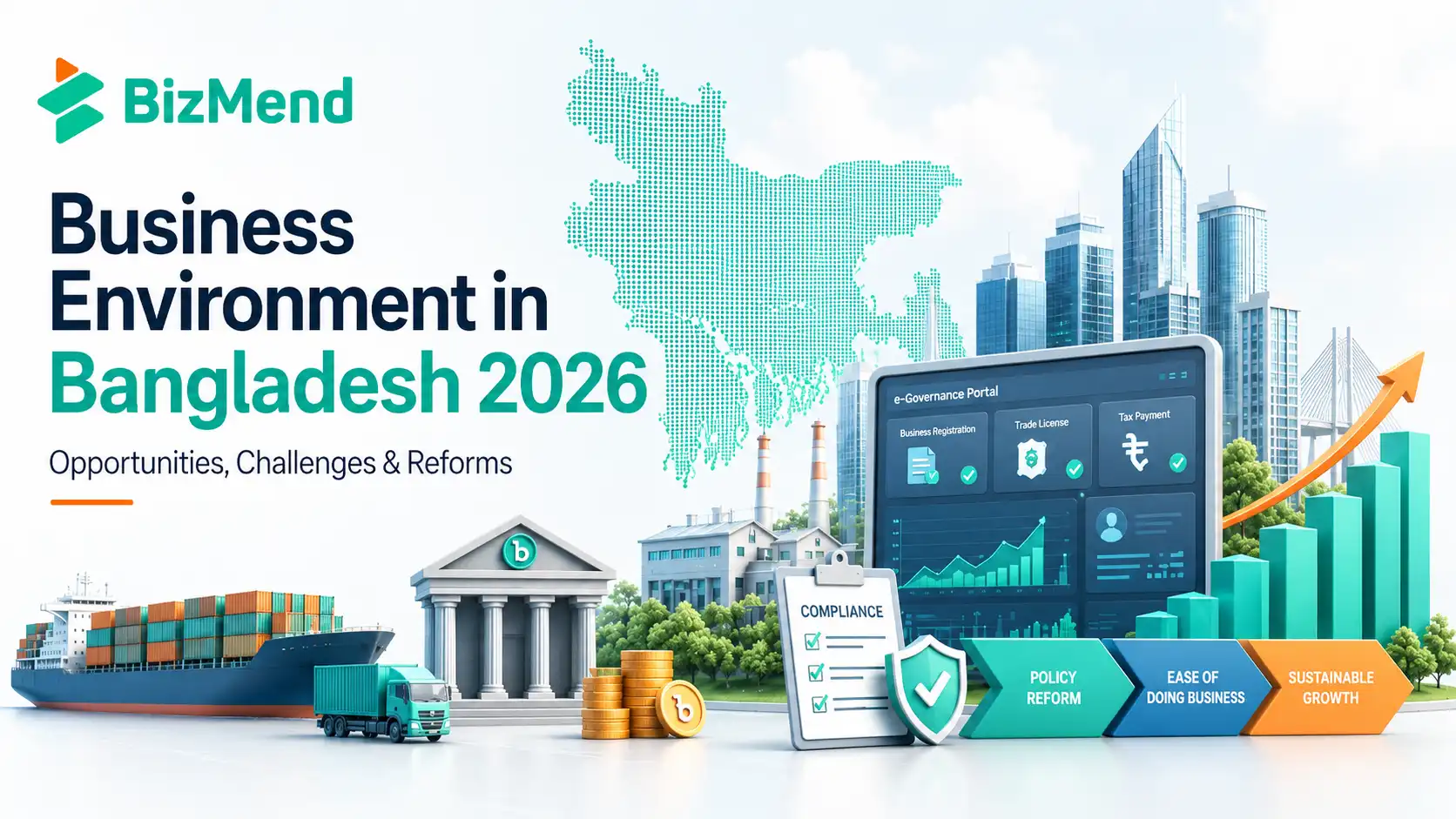 Business environment in Bangladesh 2026 showing opportunities, challenges, reforms, digital services, banking, exports, and growth outlook.