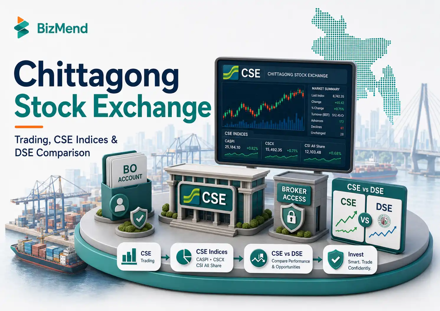 Chittagong Stock Exchange guide showing CSE trading, CSE indices, BO account, broker access and DSE comparison
