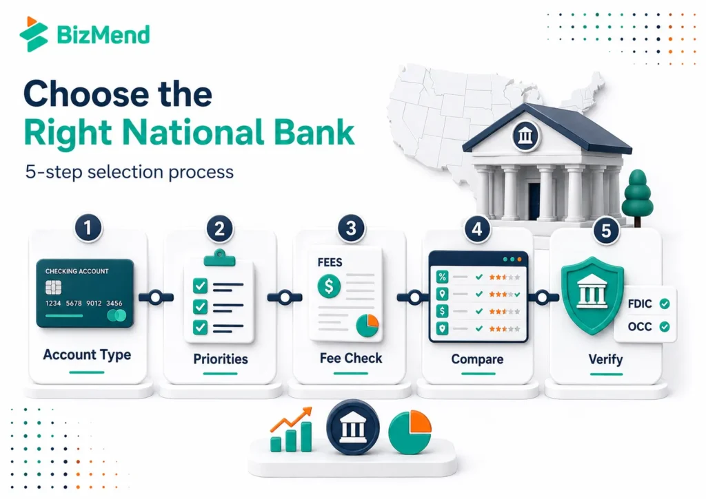Five-step process for choosing the right national bank in the US, from selecting account type to checking fees, comparing banks, and verifying FDIC or OCC status.