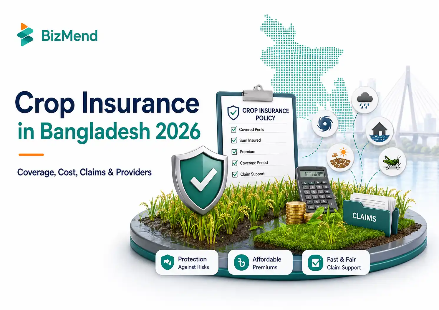 Crop insurance in Bangladesh 2026 guide showing farm coverage, weather risks, claim support, premium and regulated insurance protection