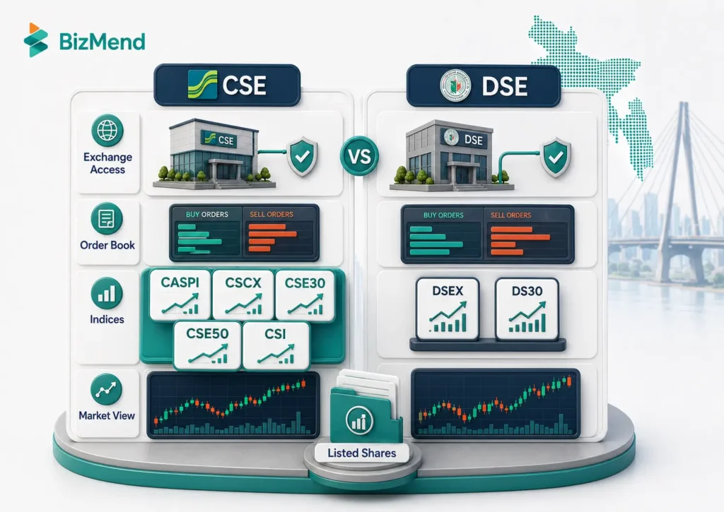 CSE vs DSE comparison with CSE indices including CASPI, CSCX, CSE30, CSE50, CSI and listed shares