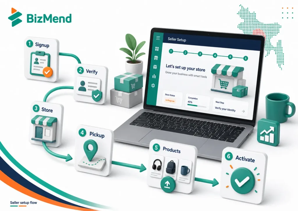 Daraz seller registration process in Bangladesh with signup, verification, store setup, pickup address, product upload and activation