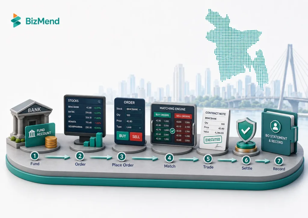 DSE buy and sell order process showing fund account, order placement, matching, trade execution, settlement and BO record