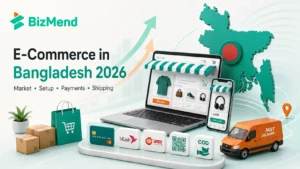 E-commerce in Bangladesh 2026 showing online store setup, payment options, delivery service, mobile shopping, and Bangladesh market growth.