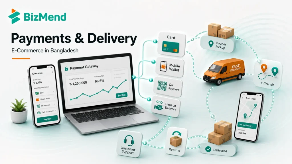 Bangladesh e-commerce payment and delivery workflow with COD, mobile wallet, payment gateway, courier pickup, tracking, returns, and settlement.