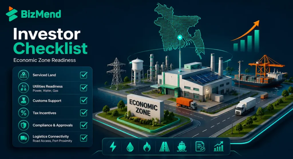 Investor checklist for Bangladesh economic zones covering serviced land, utilities, customs support, tax incentives, compliance, and logistics connectivity.