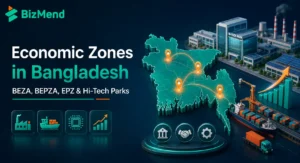 Economic zones in Bangladesh showing BEZA, BEPZA, EPZ, Hi-Tech Parks, factories, port logistics, and industrial investment zones.