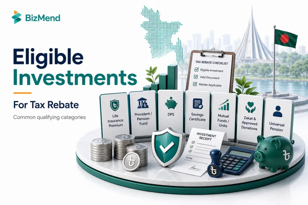 Eligible investments for tax rebate in Bangladesh including life insurance, DPS, savings certificates, provident fund, pension, and approved donations.