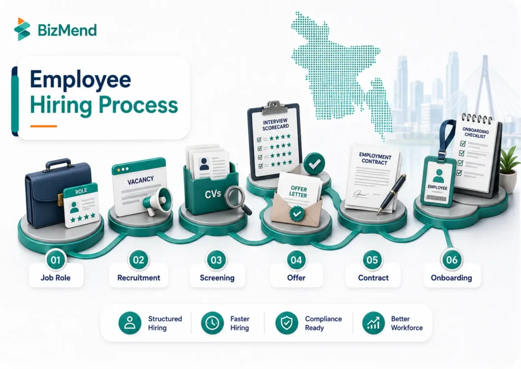 Employee hiring process in Bangladesh showing job role planning, recruitment, screening, offer letter, contract and onboarding steps