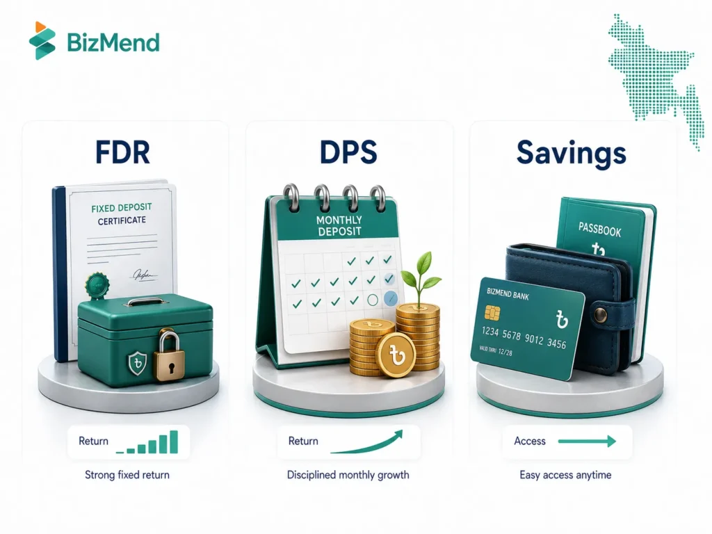 Decision guide for choosing savings account, DPS, or FDR in Bangladesh based on goal, tax, and withdrawal needs
