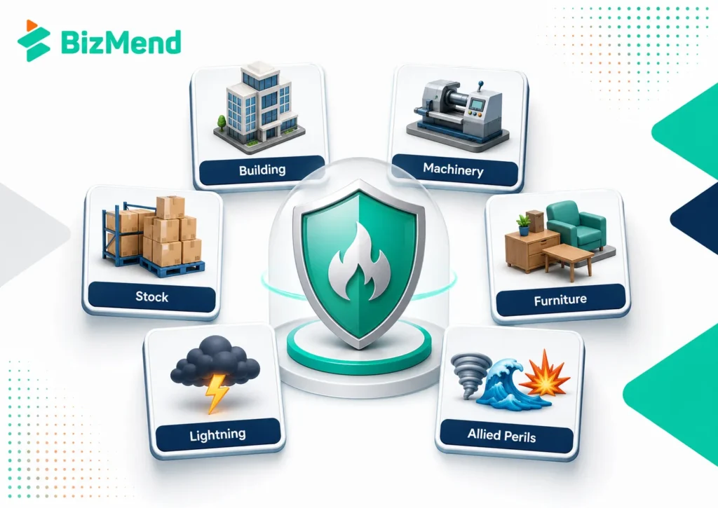 Fire insurance claim process in Bangladesh showing notice, evidence, claim form, survey, documents and settlement