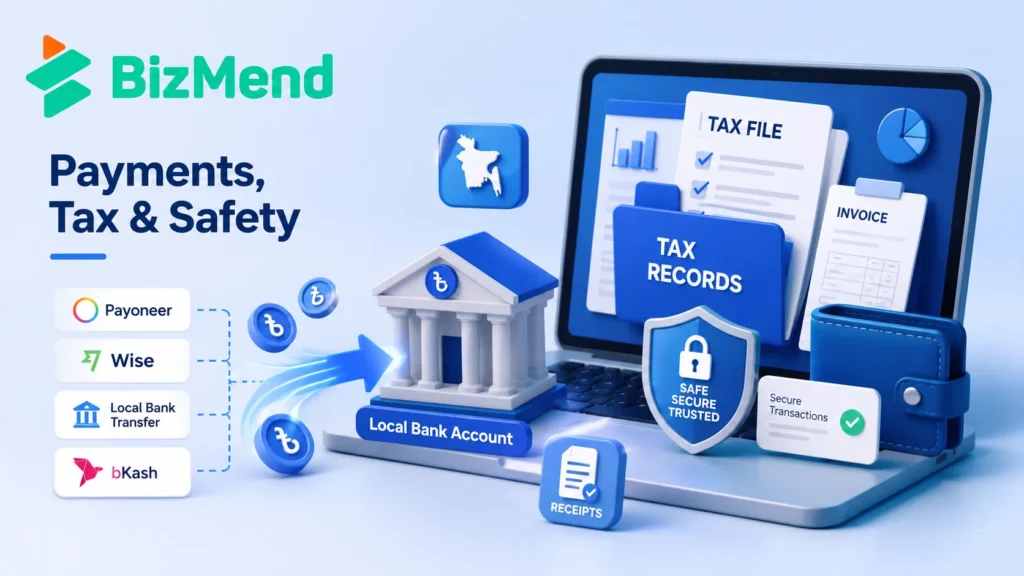 Freelance payment Bangladesh guide showing Payoneer, Wise, local bank transfer, bKash, tax records, invoices, and secure transactions.