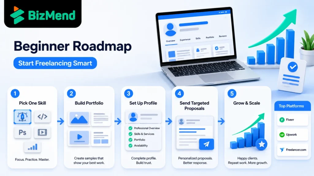 Beginner roadmap for freelancing in Bangladesh showing skill selection, portfolio building, profile setup, proposals, and growth.
