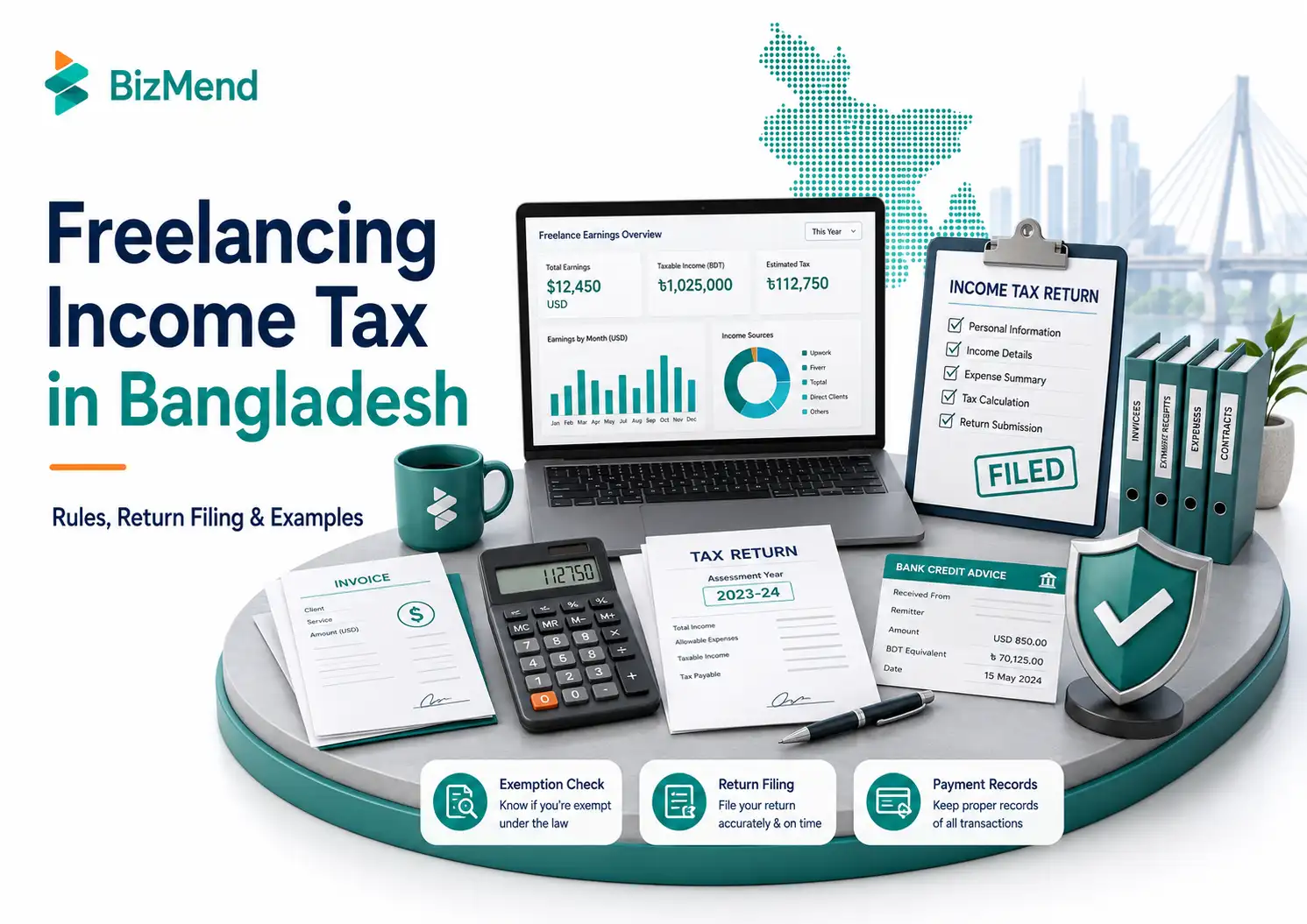 Freelancing income tax in Bangladesh with NBR return filing, bank records, invoices and payment statements