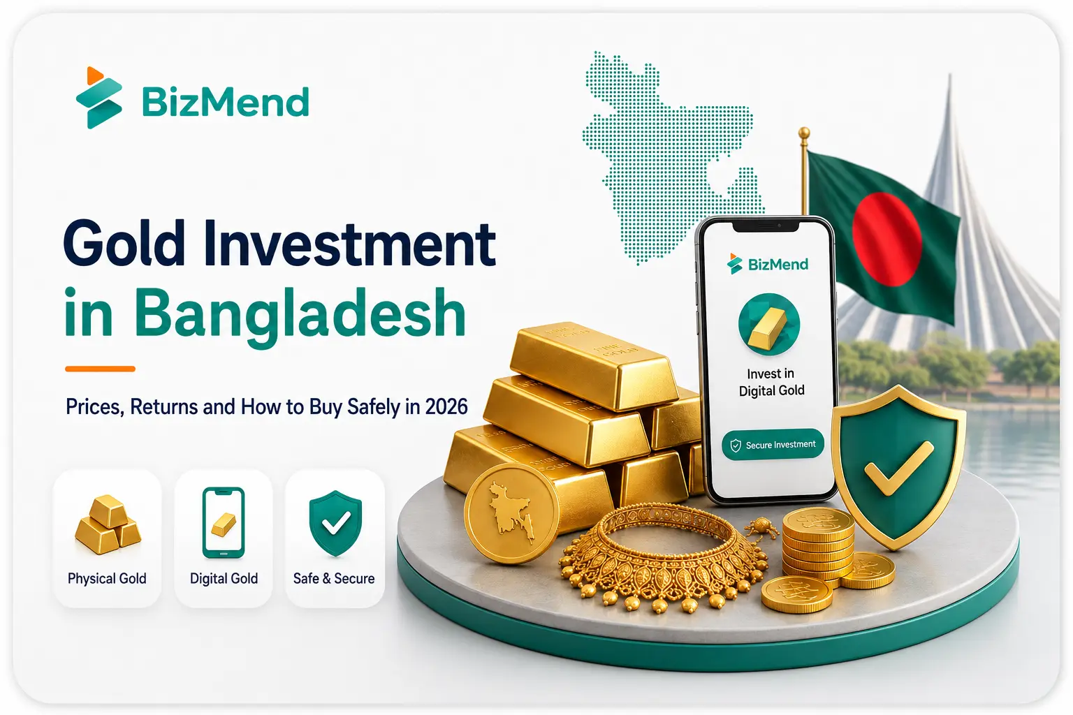Gold investment in Bangladesh showing physical gold, digital gold, secure investment concept, and safe buying guidance for 2026