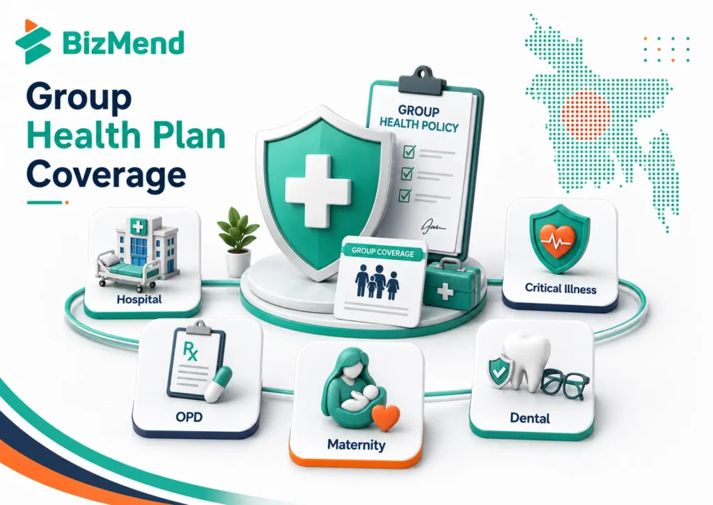 Group health plan coverage in Bangladesh including hospitalization, OPD, maternity, dependents, dental and critical illness benefits