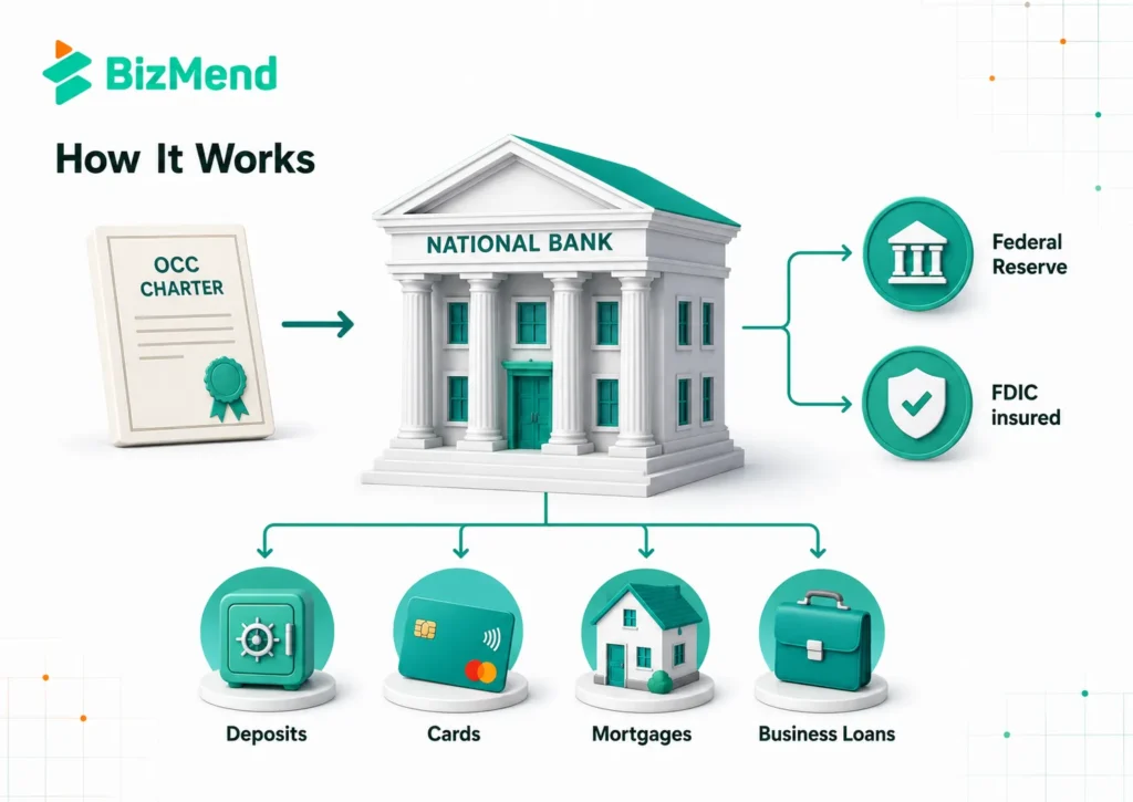 How a national bank works through OCC charter, Federal Reserve, FDIC insurance, deposits and loans