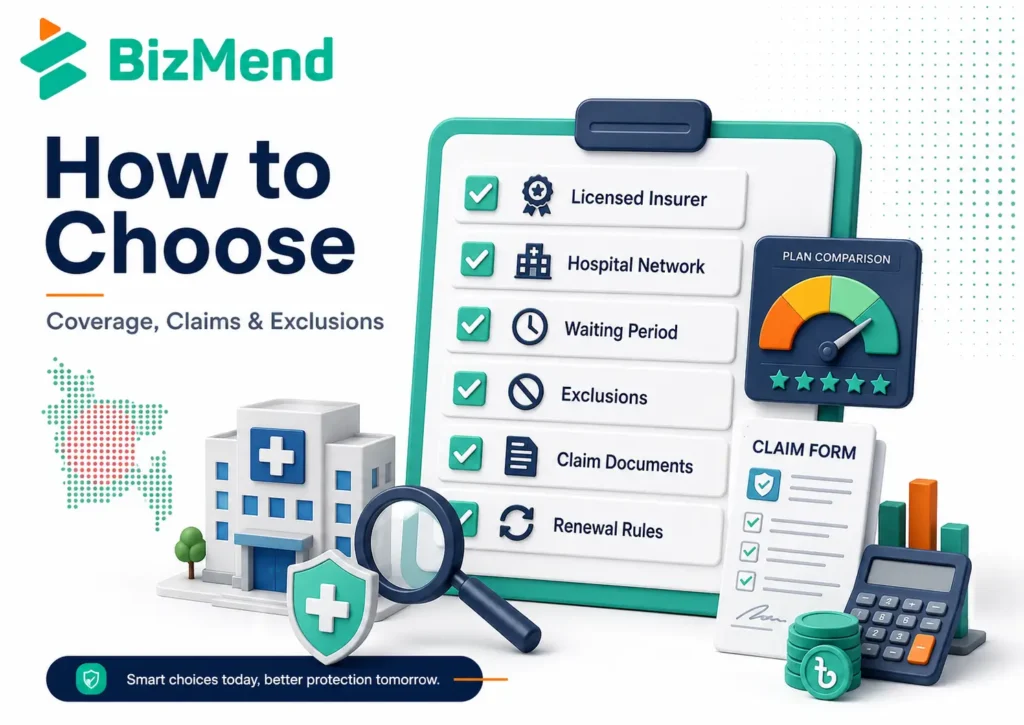 How to choose health insurance in Bangladesh by checking hospital network, exclusions, waiting period and claim documents