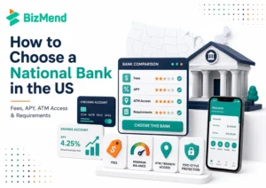 3D infographic showing how to choose a national bank in the US by comparing fees, APY, ATM access, FDIC protection, and account requirements.