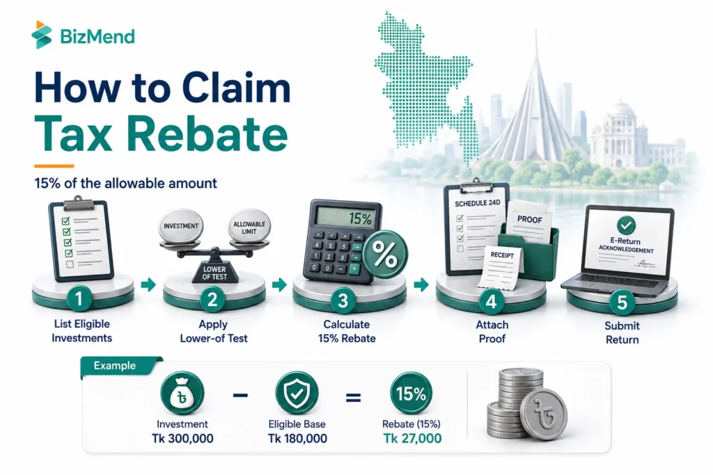 How to claim tax rebate in Bangladesh showing eligible investment listing, lower-of test, 15% rebate calculation, proof attachment, and return submission.