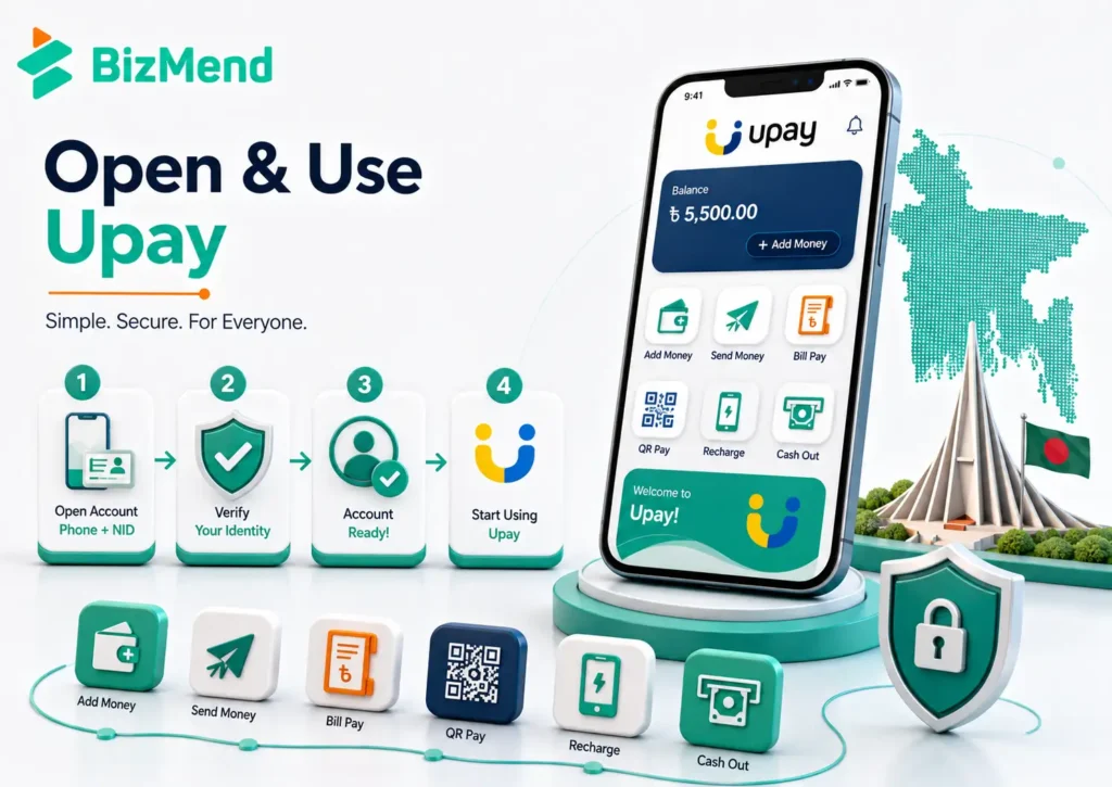 Upay mobile banking features showing payments, transfers, cash out, QR pay, prepaid card, and secure transaction flow