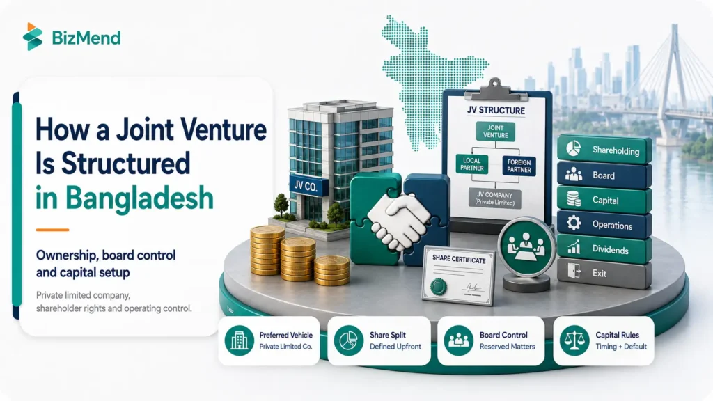 How a joint venture is structured in Bangladesh with shareholders, board control, capital and private limited company setup