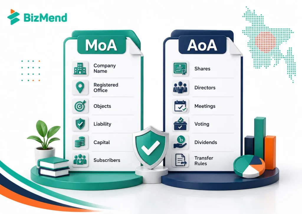 MoA vs AoA in Bangladesh comparison showing objects, capital, subscribers, directors, voting and share transfer rules